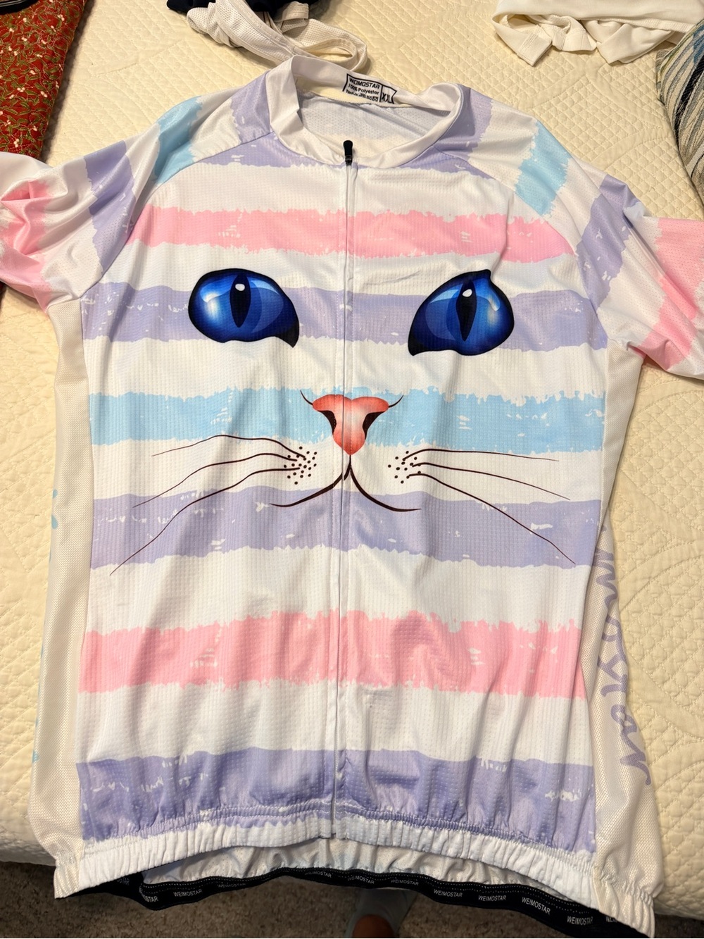 Cat Face Striped Cycling Jersey in Pastel Pink, Blue & Lavender
